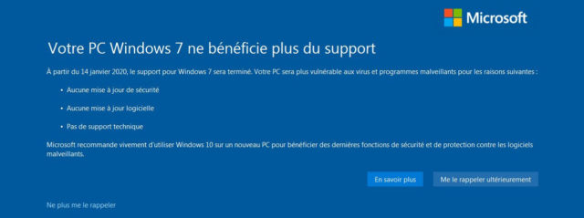 Message alarmiste d'annonce de fin de la fin du support de Windows Seven